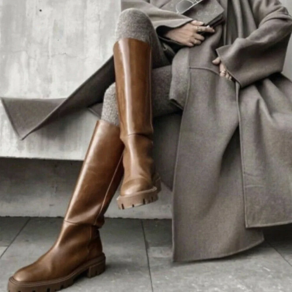 ZARA Flat Knee Brown Tall Leather Boots - Picture 1 of 16